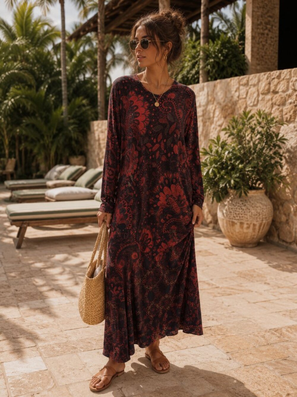 Soft Surroundings Maxi Dress Red Zanzibar Long Sleeve Stretch Large Boho